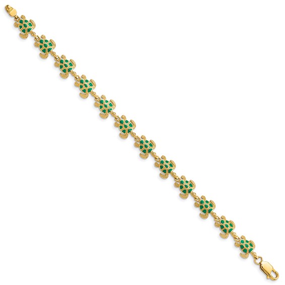 14k with Green Enamel Sea Turtle 7 inch Bracelet