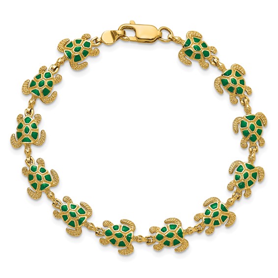 14k with Green Enamel Sea Turtle 7 inch Bracelet