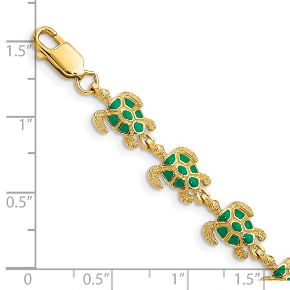 14k with Green Enamel Sea Turtle 7 inch Bracelet