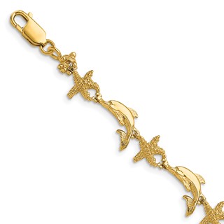 14K Polished and Textured Dolphin and Starfish 7.5 inch Bracelet