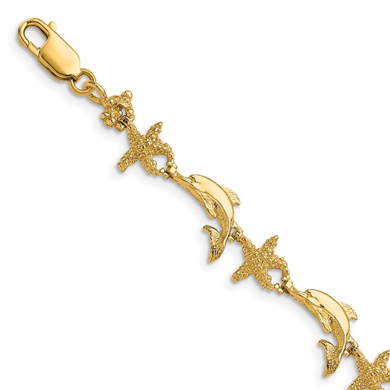 14K Polished and Textured Dolphin and Starfish 7.5 inch Bracelet