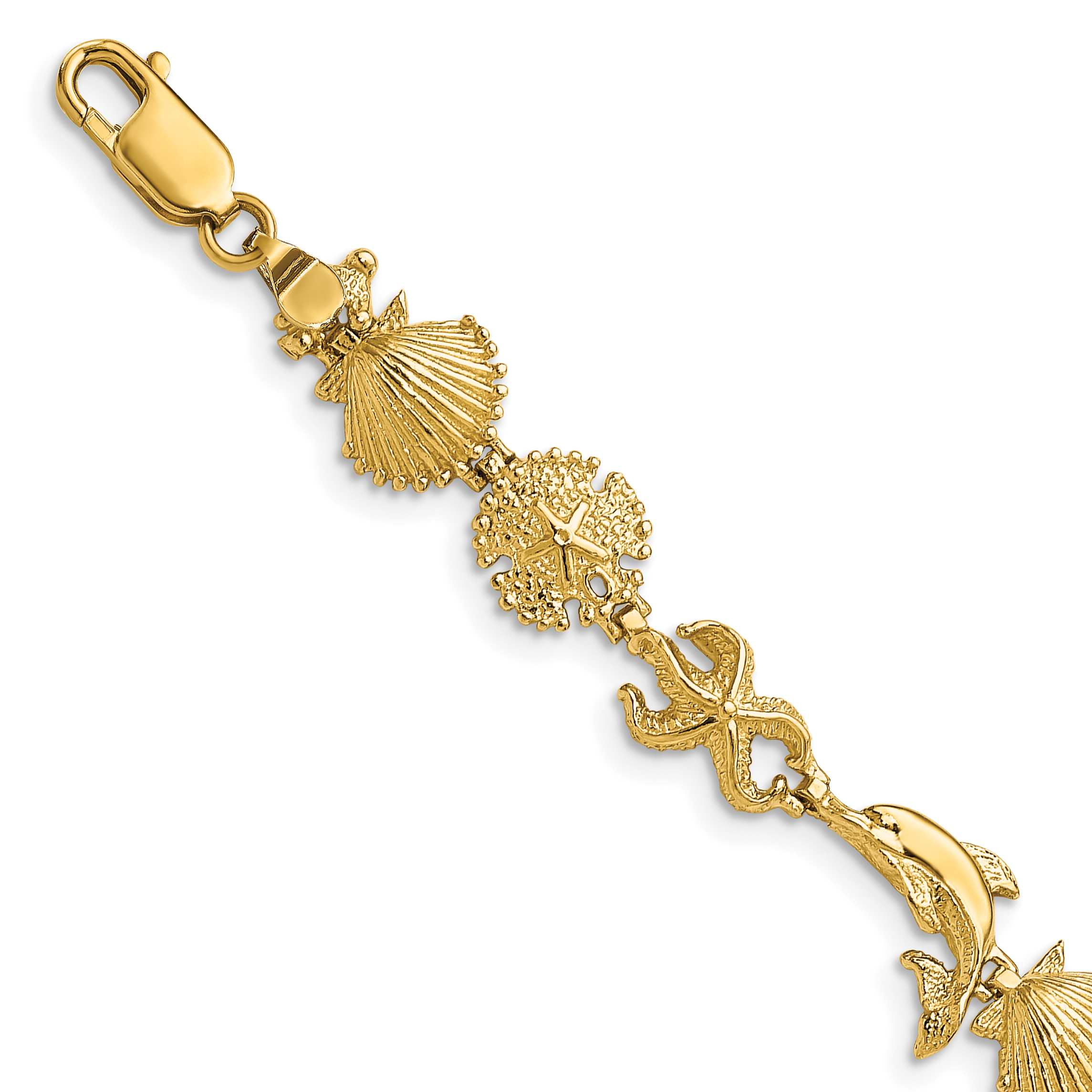 14K Polished Dolphin and Sea Shells 7 inch Bracelet (FB1608-7)