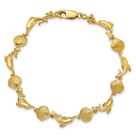 14K Polished Dolphin and Shell 7.25 inch Bracelet