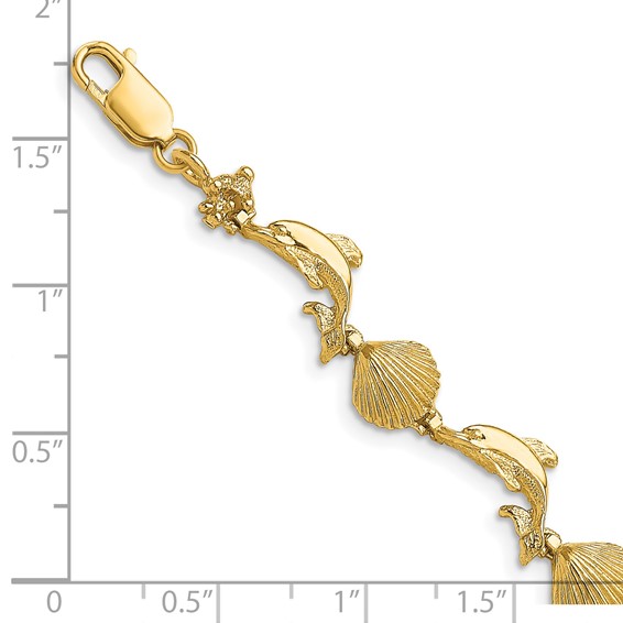 14K Polished Dolphin and Shell 7.25 inch Bracelet