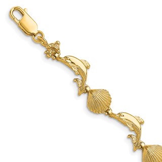 14K Polished Dolphin and Shell 7.25 inch Bracelet