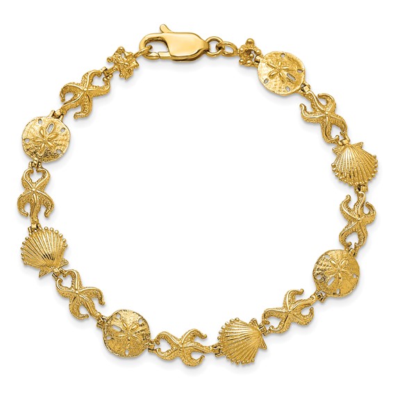 14K Polished Shell/Sand Dollar/Starfish 7 inch Bracelet