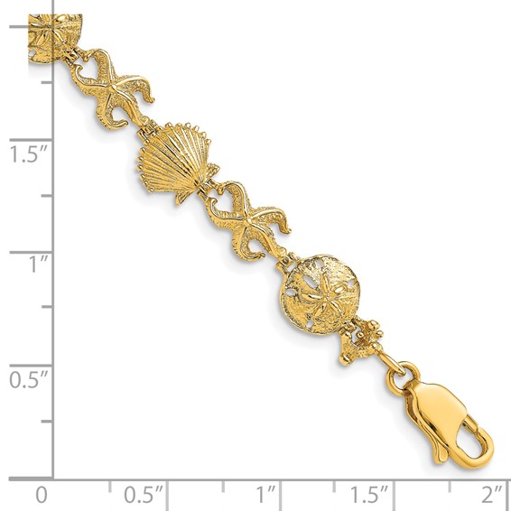 14K Polished Shell/Sand Dollar/Starfish 7 inch Bracelet