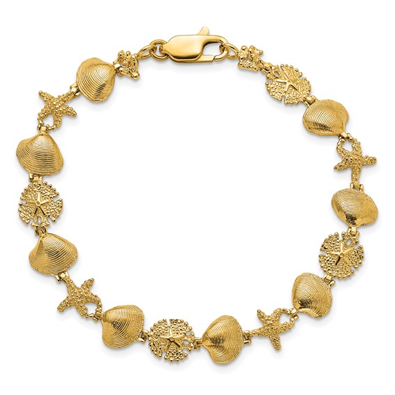 14K Polished Sand Dollar/Clam Shell/Starfish 7.25 inch Bracelet