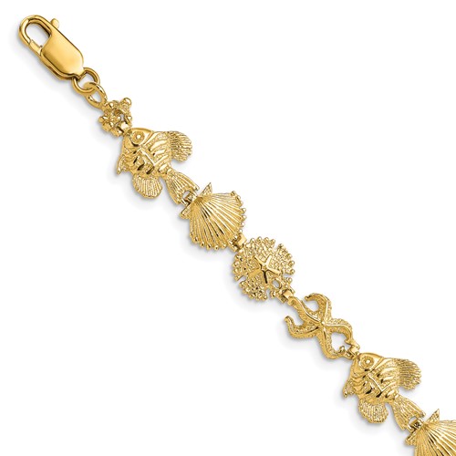 14k Polished and Textured Sea Life 7 inch Bracelet