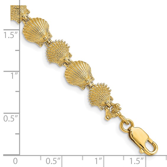 14K Polished and Textured Scallop Shell 7 inch Bracelet