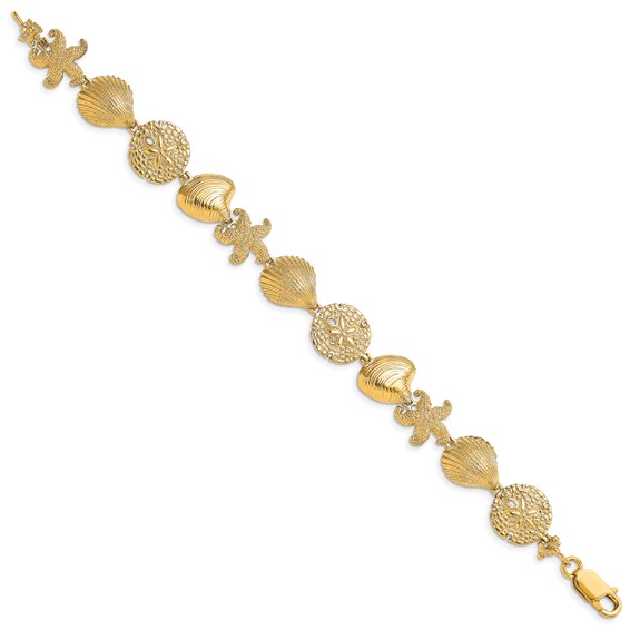 14K Polished Starfish/Shell/Clam Link 7.5 inch Bracelet