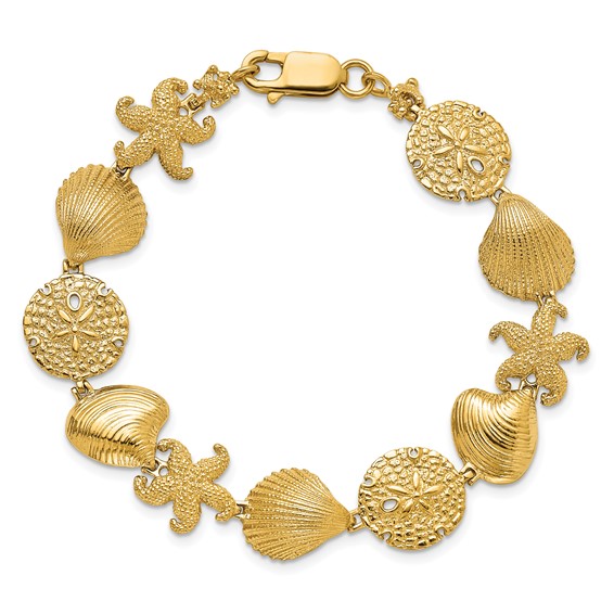 14K Polished Starfish/Shell/Clam Link 7.5 inch Bracelet