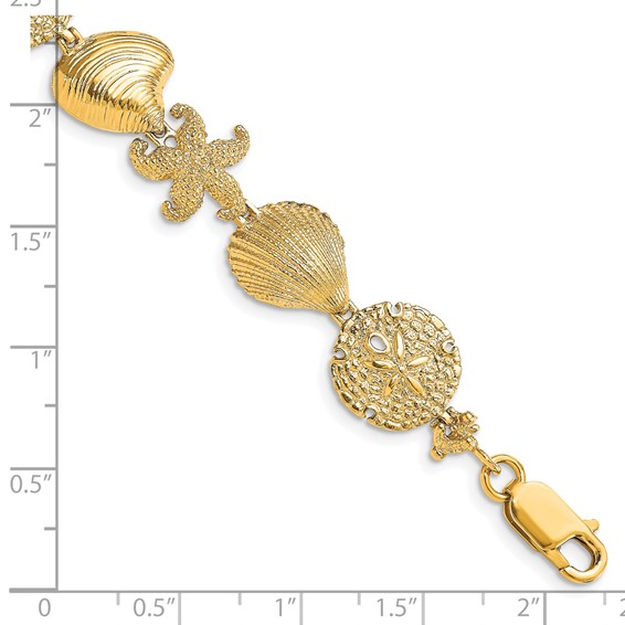 14K Polished Starfish/Shell/Clam Link 7.5 inch Bracelet