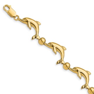 14k Polished Dolphin and Bead 7.5 inch Bracelet