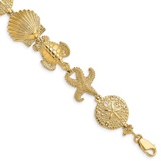 14k Polished Sand Dollar/Starfish/Turtle Link 7 inch Bracelet