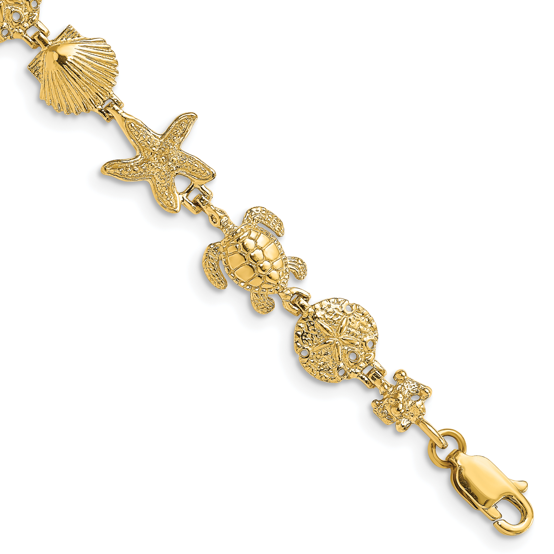 14K Polished Turtle/Sand Dollar/Shell/Starfish Link 7 inch Bracelet (FB1828-7)