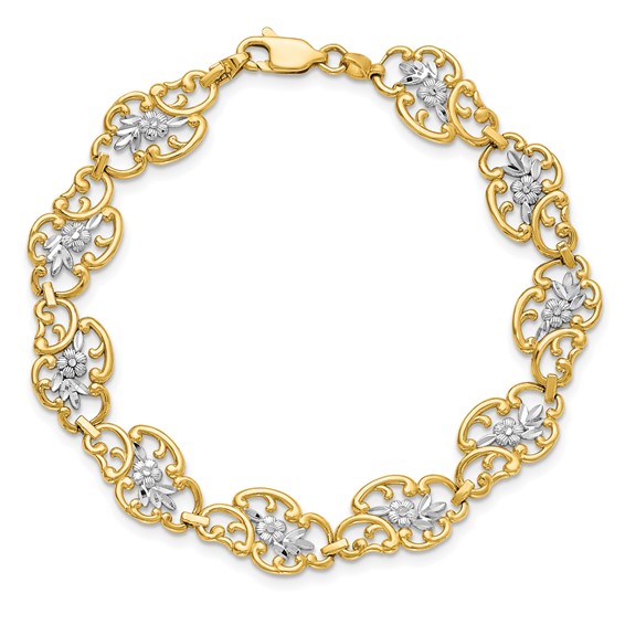 14k and White Rhodium Diamond-Cut Fancy Floral Filigree 7.25 inch Bracelet