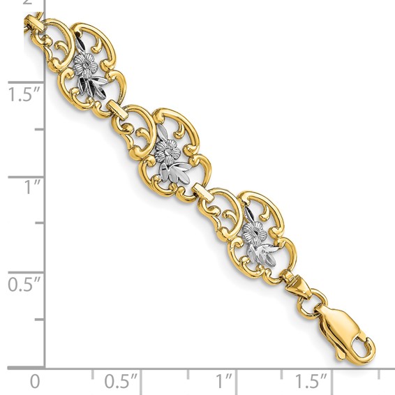14k and White Rhodium Diamond-Cut Fancy Floral Filigree 7.25 inch Bracelet