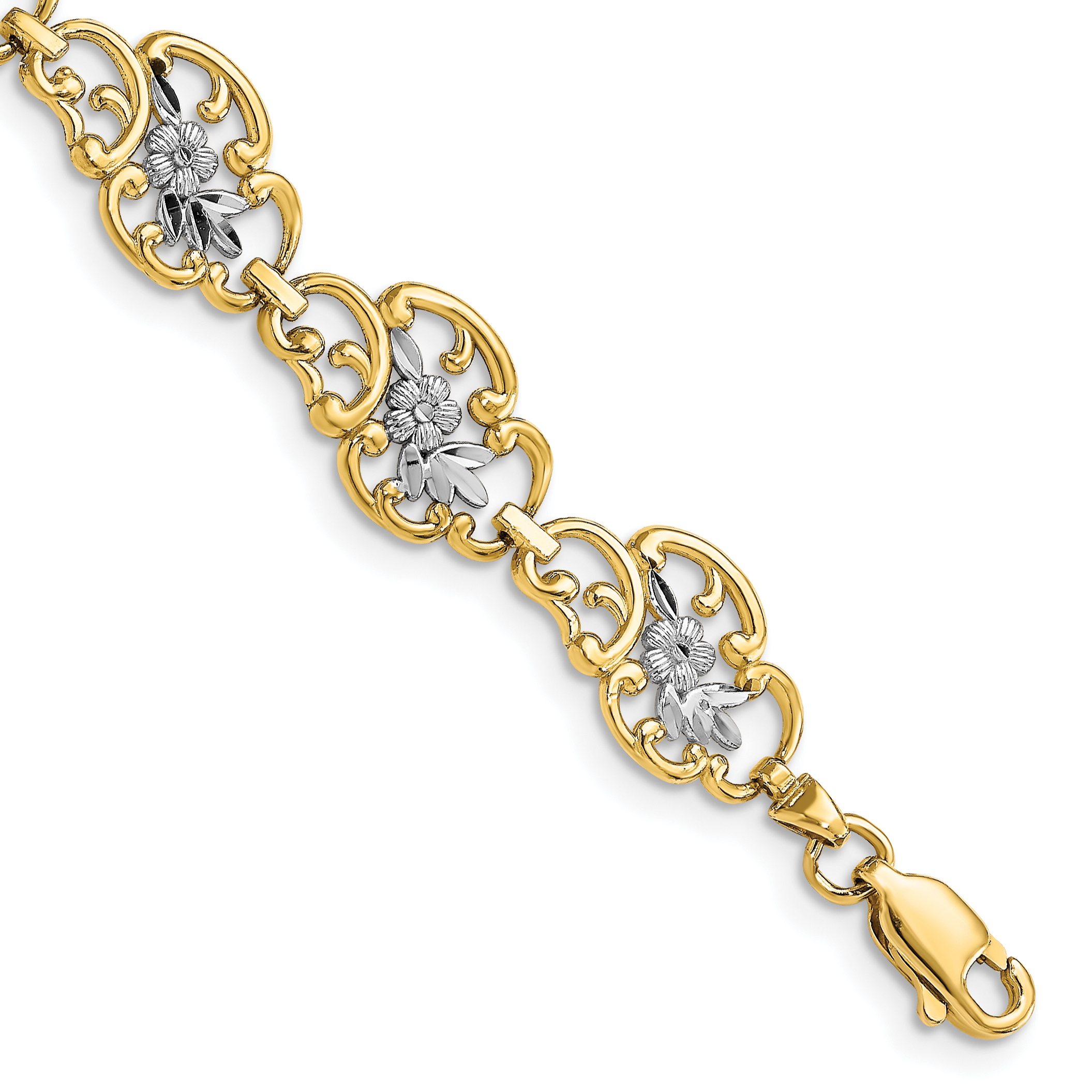 14k and White Rhodium Diamond-Cut Fancy Floral Filigree 7.25 inch Bracelet (FB1846-7.25)