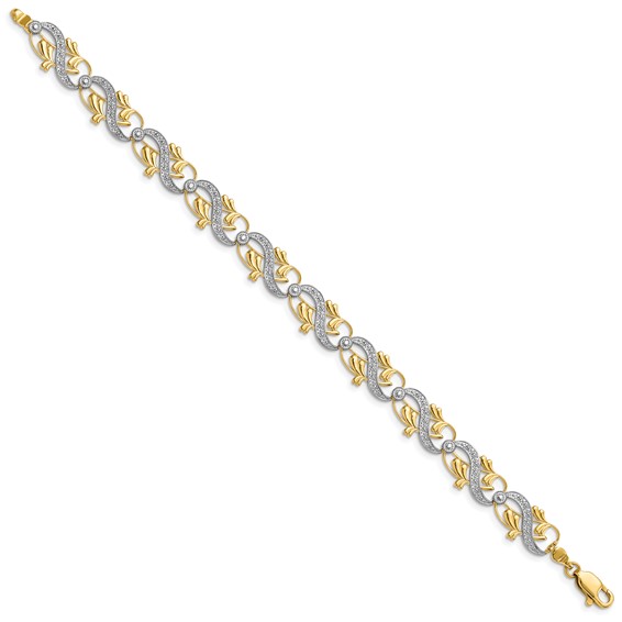 14K and White Rhodium Diamond-Cut Fancy Waves and Leaves 7.5 inch Bracelet
