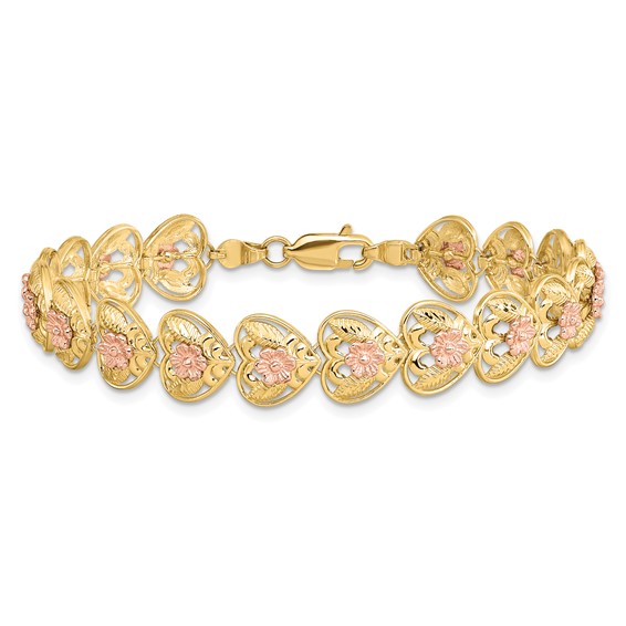 14k Two-tone Diamond-cut Hearts with Flowers 7.25 inch Bracelet