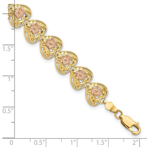 14k Two-tone Diamond-cut Hearts with Flowers 7.25 inch Bracelet