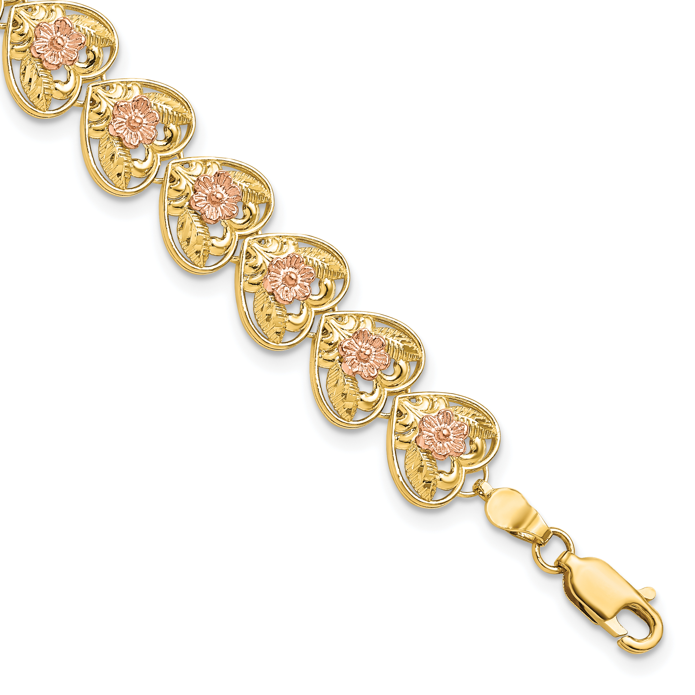 14k Two-tone Diamond-cut Hearts with Flowers 7.25 inch Bracelet (FB1850-7.25)