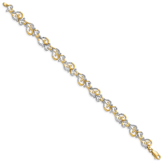 14K and White Rhodium Diamond-Cut Fancy Swirls 7.5 inch Bracelet