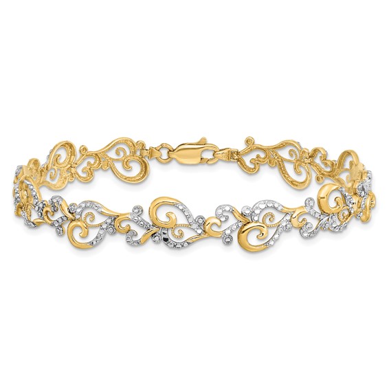 14K and White Rhodium Diamond-Cut Fancy Swirls 7.5 inch Bracelet