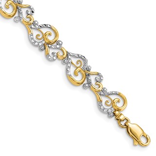 14K and White Rhodium Diamond-Cut Fancy Swirls 7.5 inch Bracelet