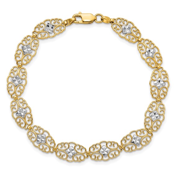 14k and White Rhodium Diamond-Cut Fancy Filigree 7.25 inch Bracelet