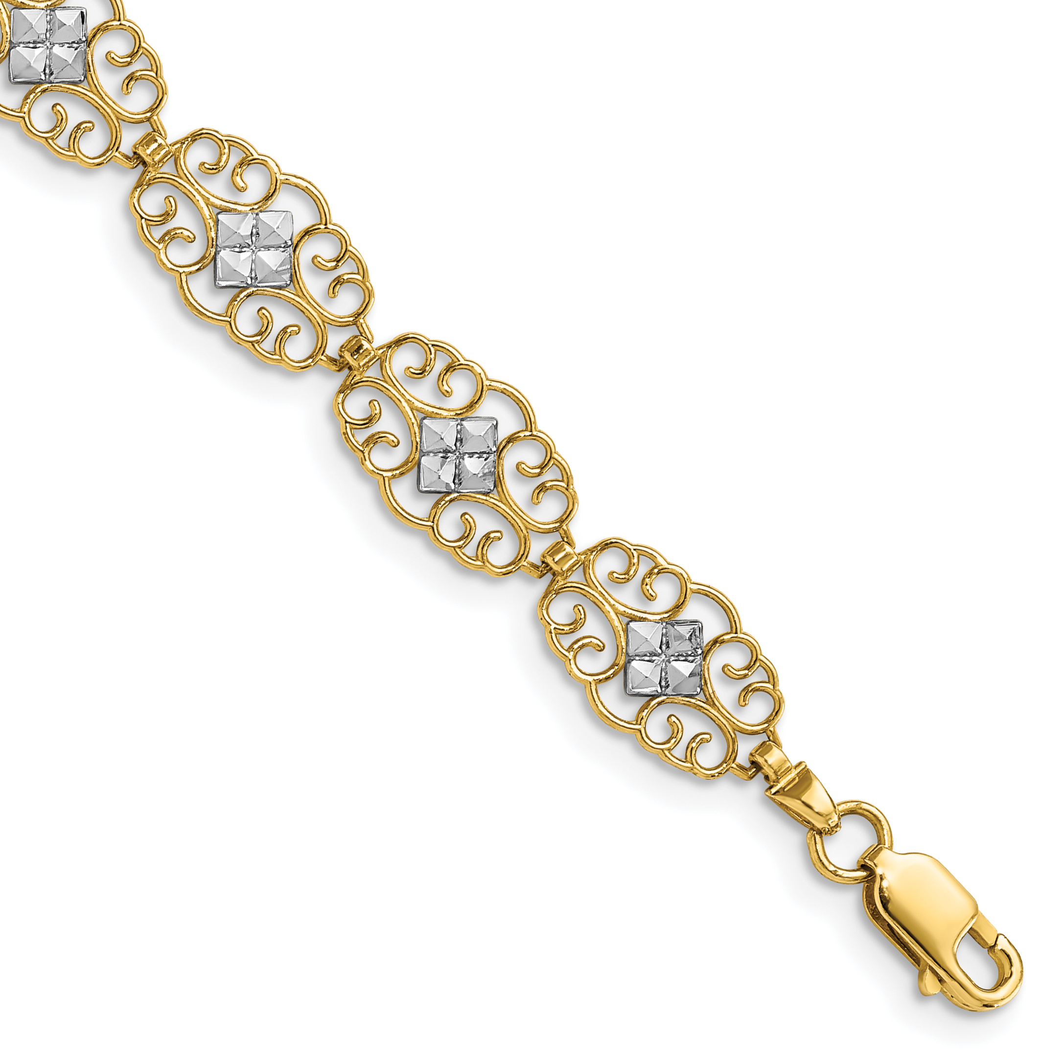 14k and White Rhodium Diamond-Cut Fancy Filigree 7.25 inch Bracelet (FB1853-7.25)