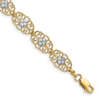 14k and White Rhodium Diamond-Cut Fancy Filigree 7.25 inch Bracelet