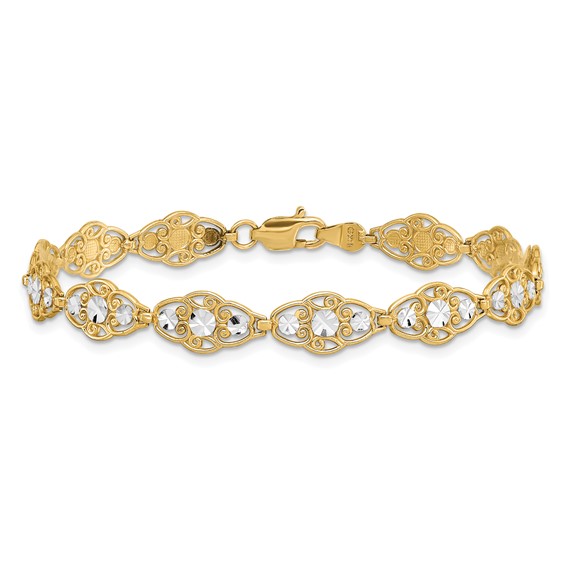 14k and White Rhodium Diamond-Cut Fancy Filigree 7.25 inch Bracelet