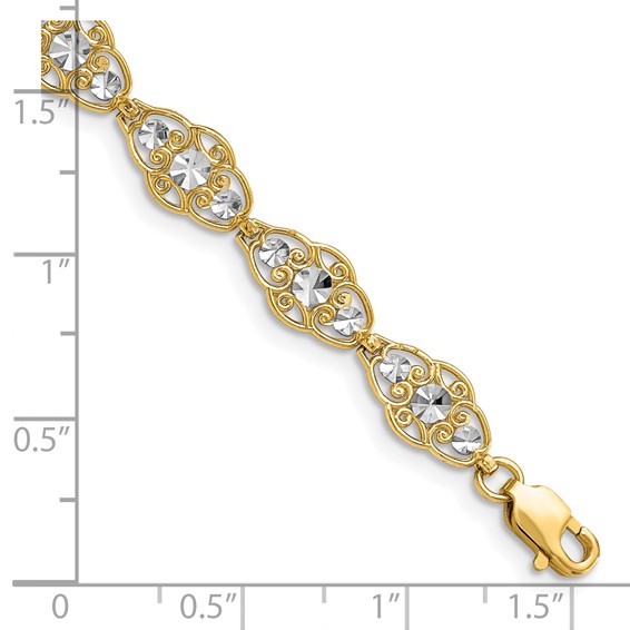 14k and White Rhodium Diamond-Cut Fancy Filigree 7.25 inch Bracelet