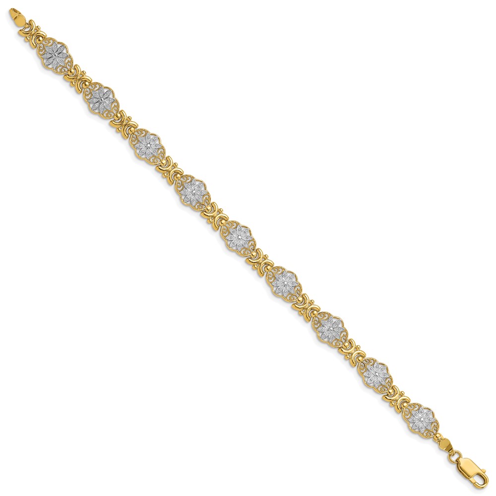 14k and White Rhodium Polished and Textured Fancy Floral Link 7.5 inch Bracelet (FB1858-7.5)