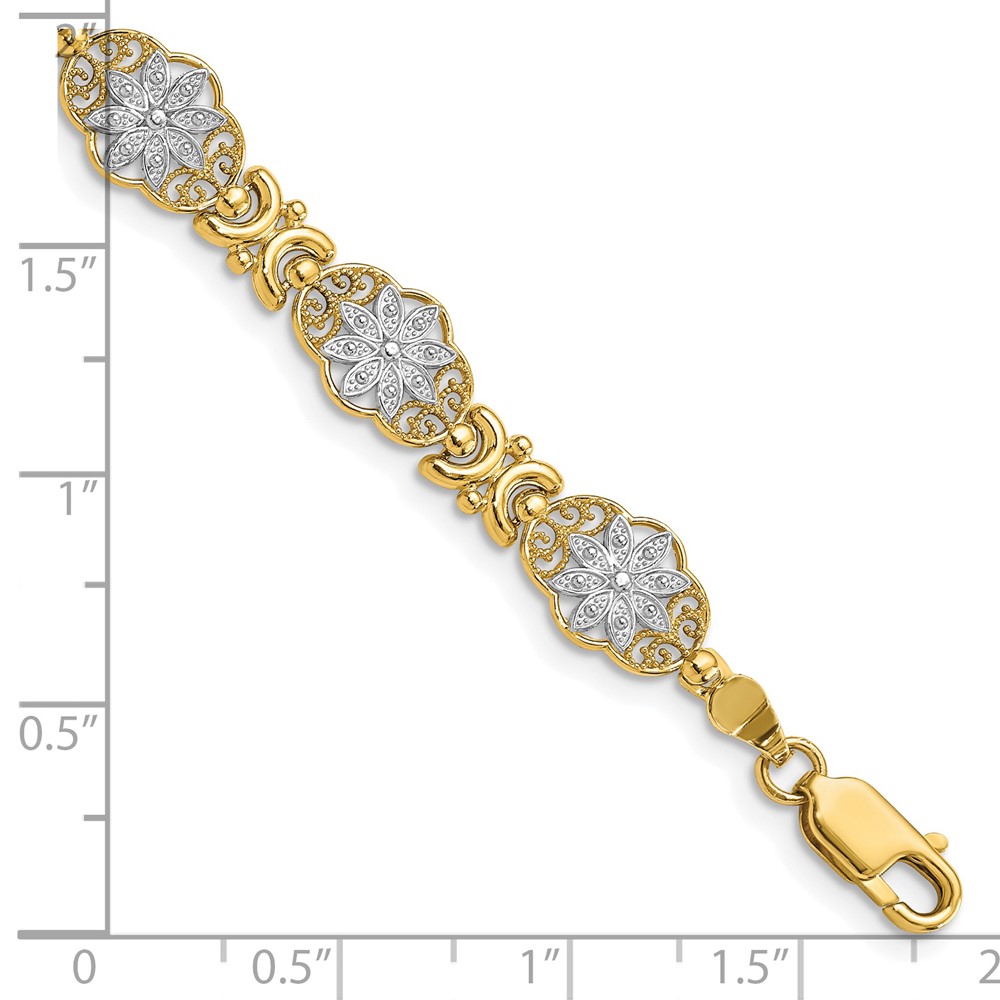 14k and White Rhodium Polished and Textured Fancy Floral Link 7.5 inch Bracelet (FB1858-7.5)