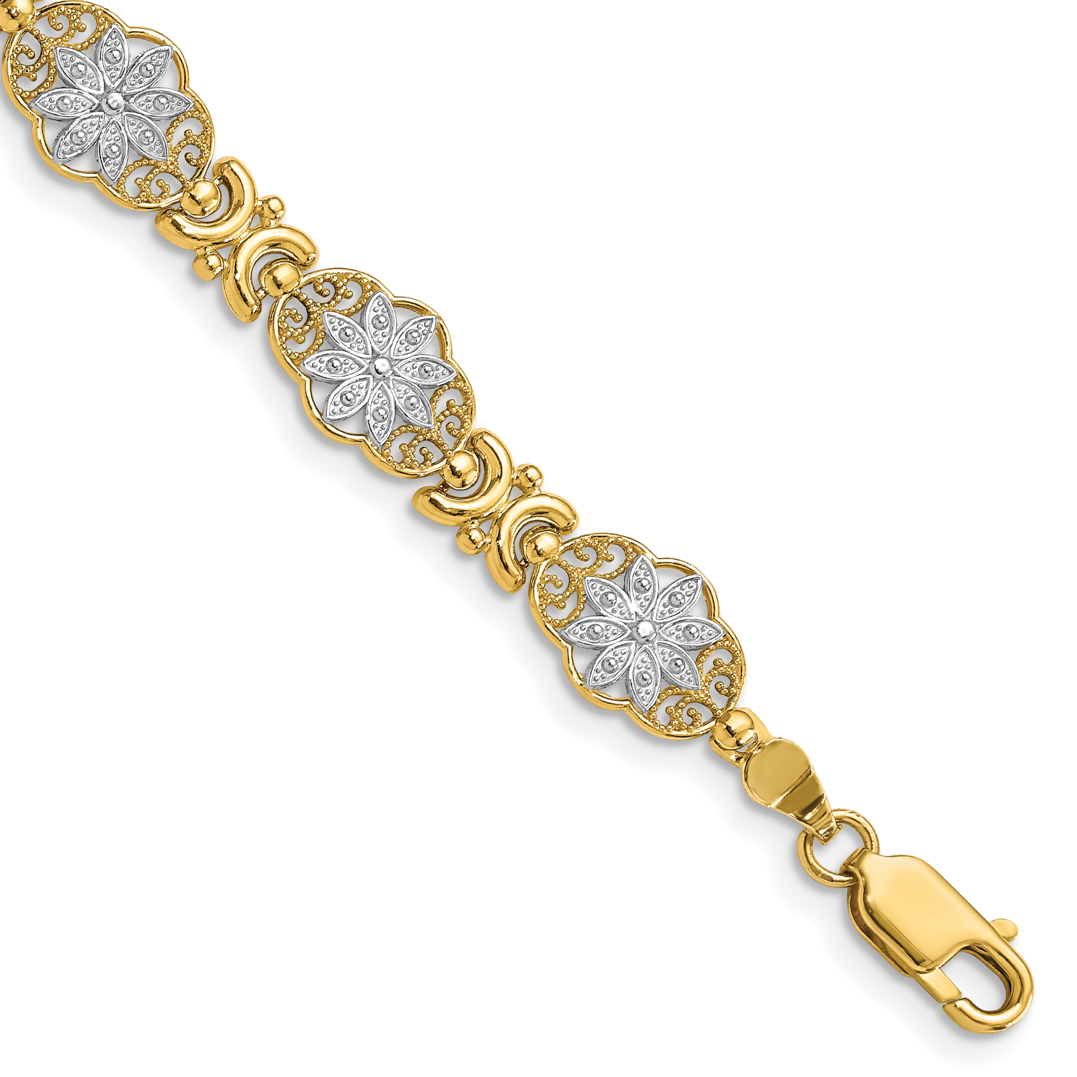14k and White Rhodium Polished and Textured Fancy Floral Link 7.5 inch Bracelet (FB1858-7.5)