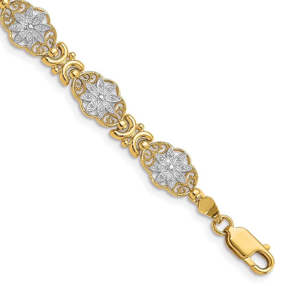 14k and White Rhodium Polished and Textured Fancy Floral Link 7.5 inch Bracelet (FB1858-7.5)
