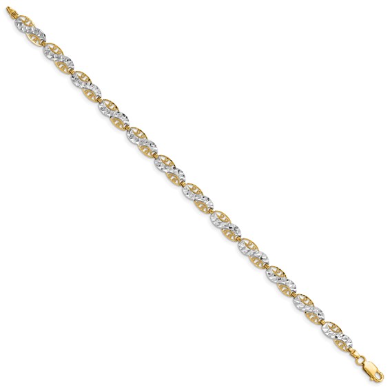 14K and White Rhodium Diamond-Cut Filigree Link 7.5 inch Bracelet