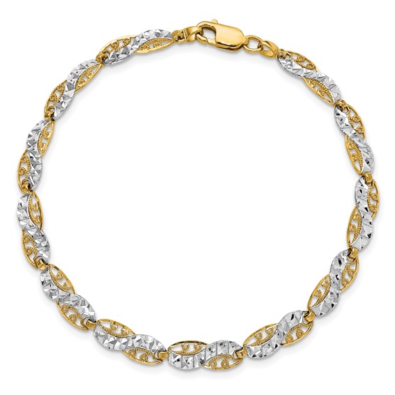14K and White Rhodium Diamond-Cut Filigree Link 7.5 inch Bracelet