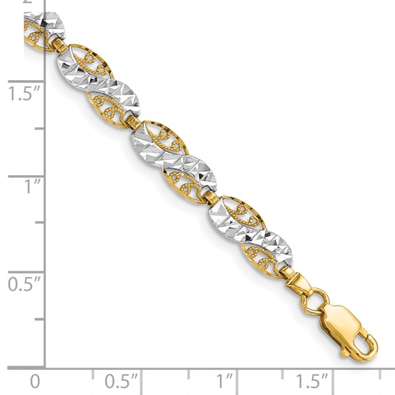 14K and White Rhodium Diamond-Cut Filigree Link 7.5 inch Bracelet