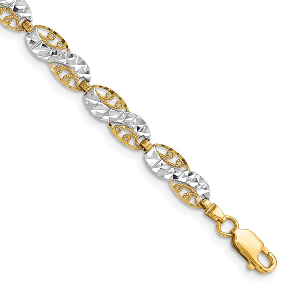 14K and White Rhodium Diamond-Cut Filigree Link 7.5 inch Bracelet