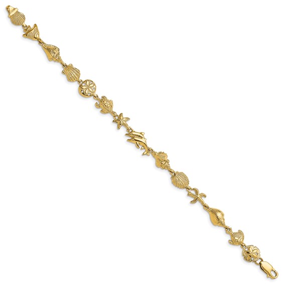14k Polished and Textured Ocean Motif 7.25 inch Bracelet
