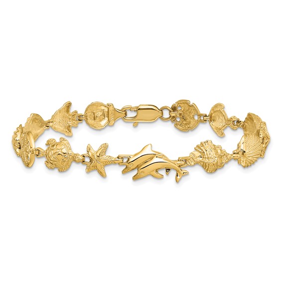 14k Polished and Textured Ocean Motif 7.25 inch Bracelet