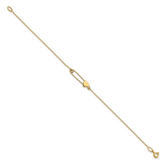 14K Safety Pin with Heart 7 inch Bracelet
