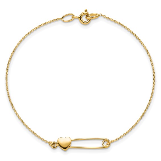 14K Safety Pin with Heart 7 inch Bracelet