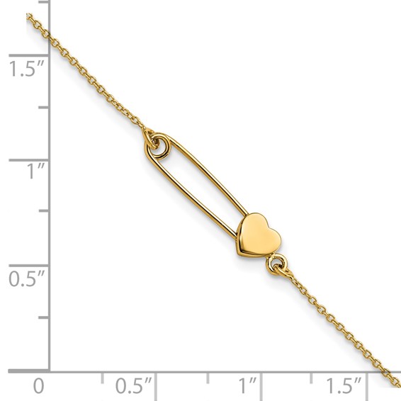 14K Safety Pin with Heart 7 inch Bracelet