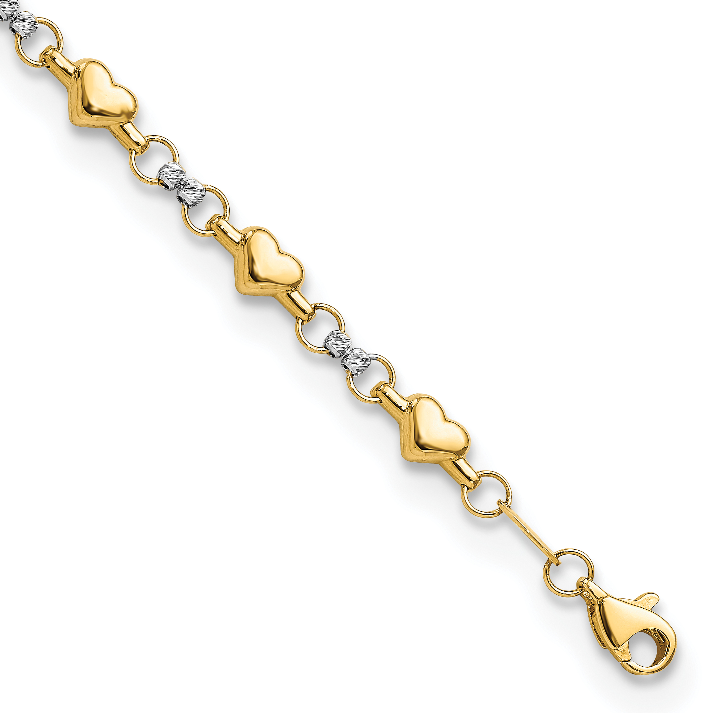 14K Two-tone Polished Puffed Hearts with Diamond-cut Beads 7.5 inch Bracelet (FB1871-7.5)