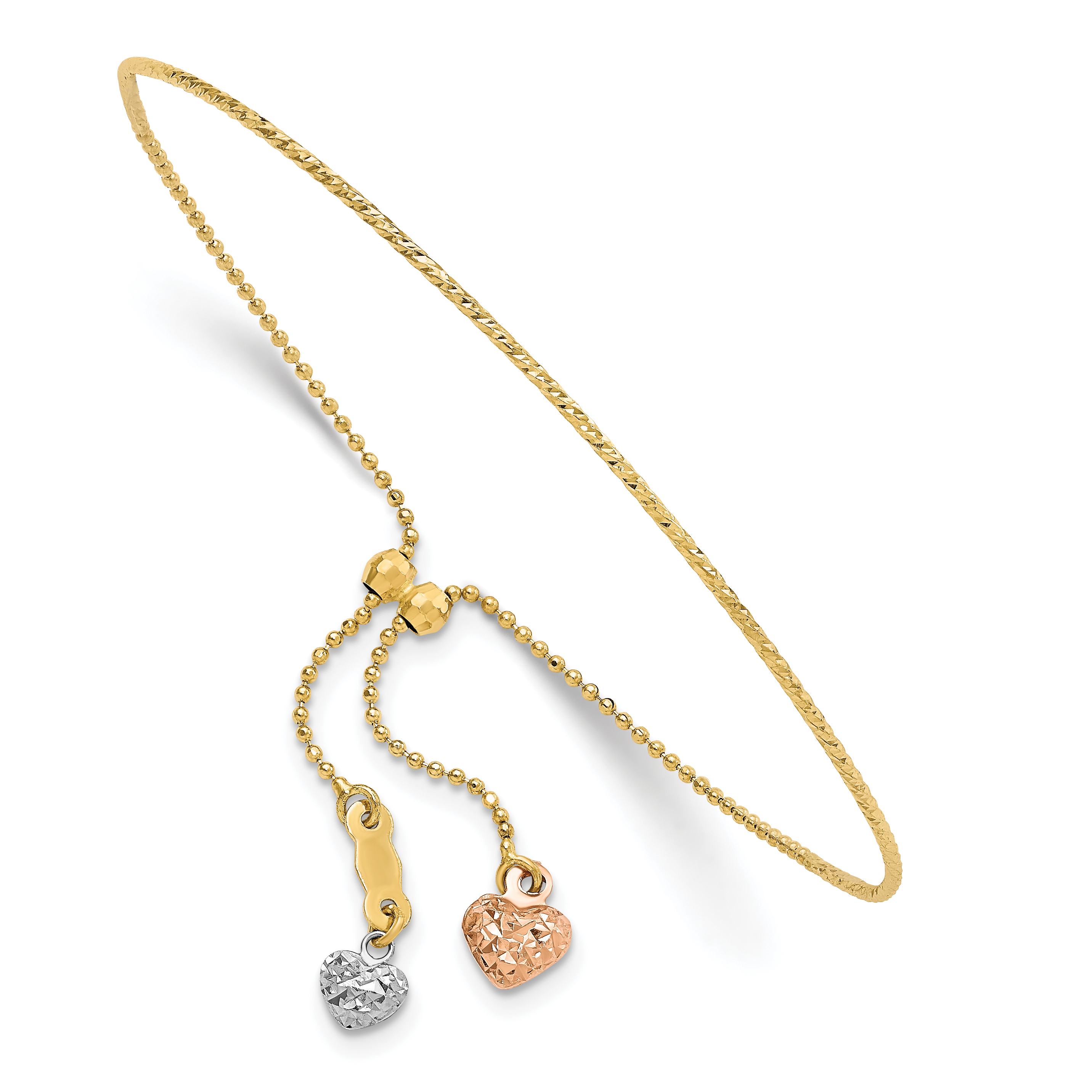 14K Tri-color Diamond-cut Heart Dangles Half Bangle Adjustable Bracelet (FB1873)